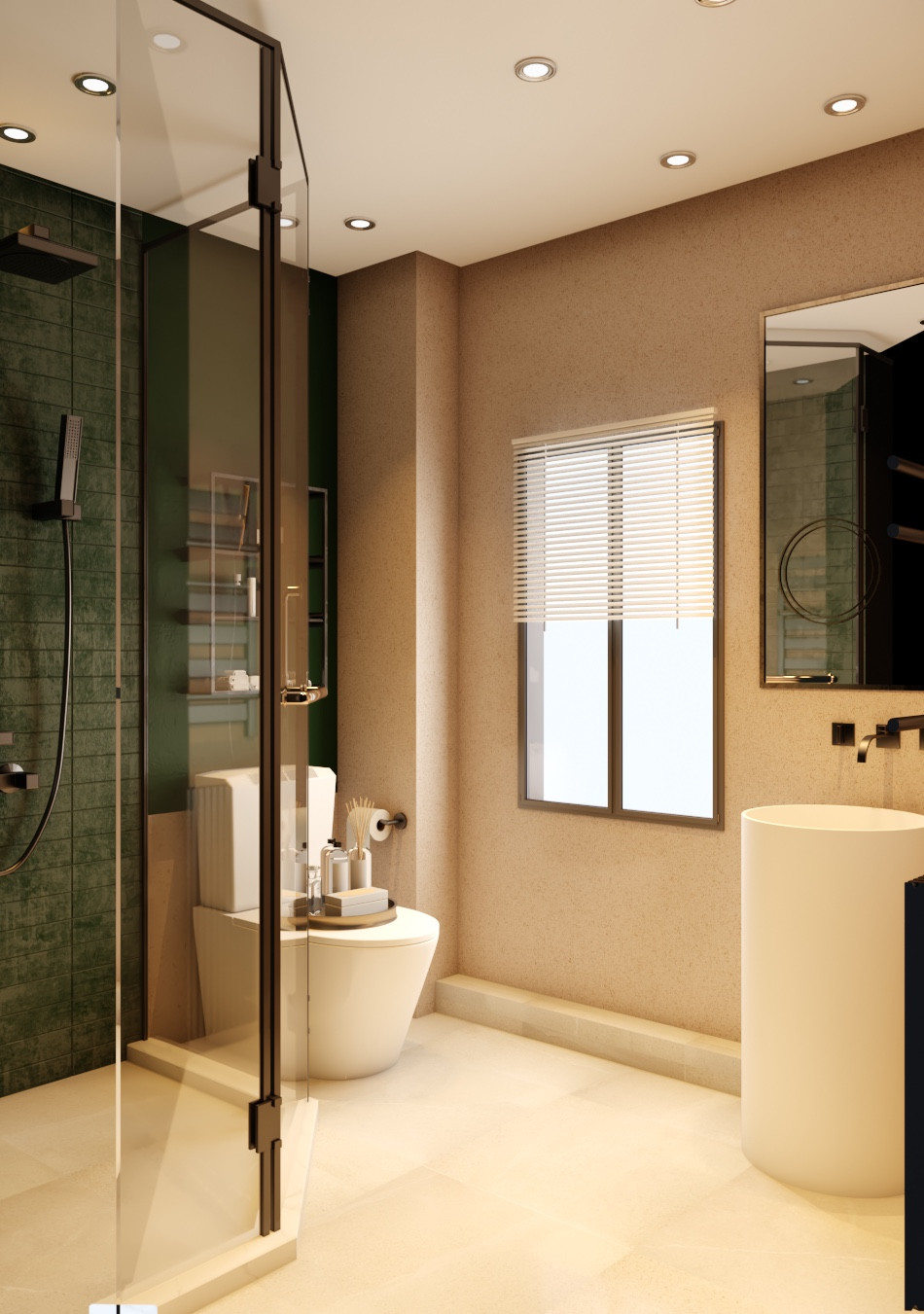 Beige + Dark Green Metro Tiles En-Suite Bathroom