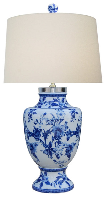 Blue and White Porcelain Floral Vase Table Lamp, 25"