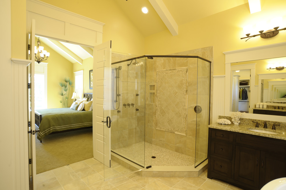 Inspiration for a traditional master bathroom in Columbus with shaker cabinets, dark wood cabinets, a freestanding tub, an open shower, yellow walls, an undermount sink, an open shower, a double vanity, a built-in vanity, exposed beam and multi-coloured benchtops.