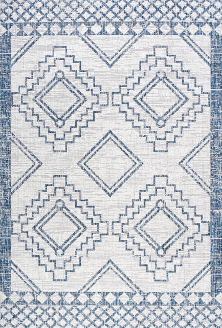 Marokko Diamond Tribal Indoor/Outdoor Rug, Ivory/Blue, 4'x6'