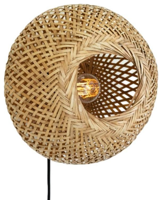 Woven Rattan Round Natural Wall Sconce 14in Nest Shape Dome Classic