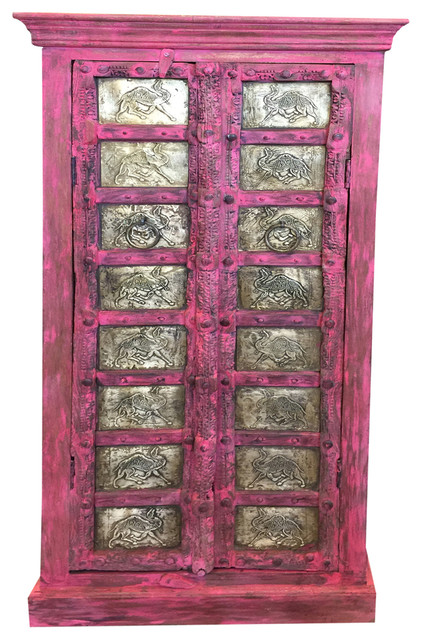 Consigned Antique Almirah Pink Jaipuri Brass Camel Carved Wardrobe Cabinet