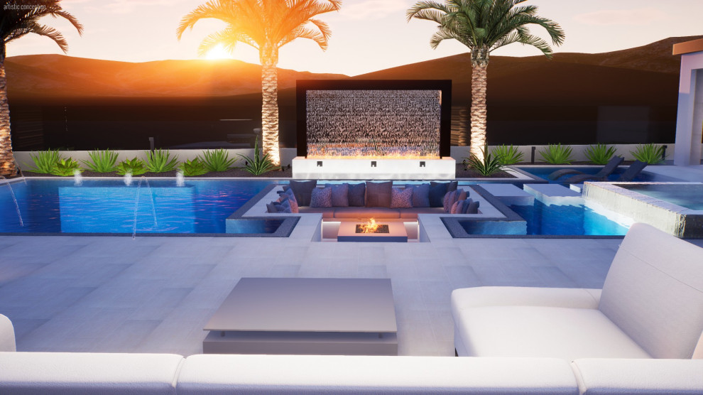 Diseño de piscina infinita actual de tamaño medio rectangular en patio trasero con paisajismo de piscina y suelo de baldosas