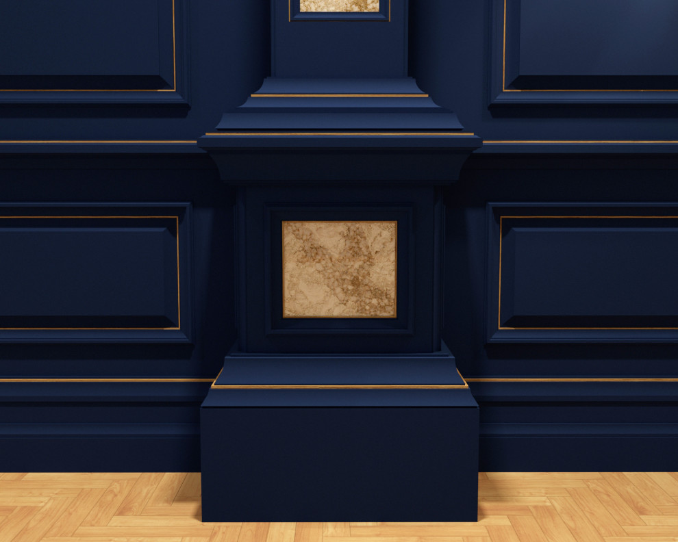 This is an example of a formal enclosed living room in Manchester with blue walls, carpet, no tv, beige floors, a coffered ceiling and panelled walls.