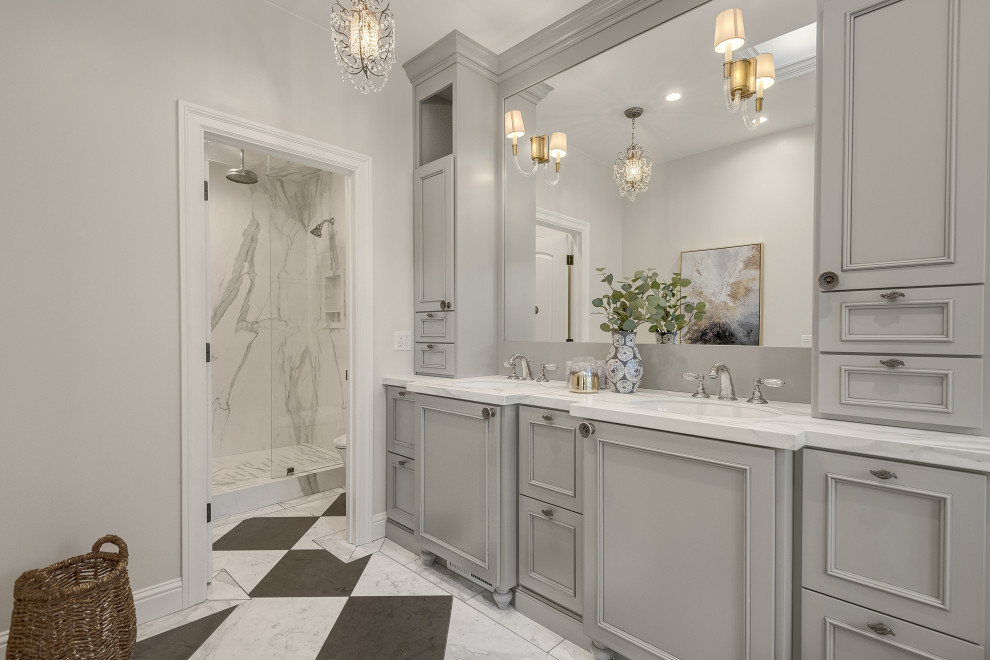 Large classic ensuite bathroom in San Francisco with recessed-panel cabinets, grey cabinets, ceramic tiles, quartz worktops, multi-coloured worktops, double sinks and a built in vanity unit.