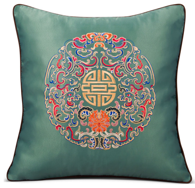 Sage Embroidered Longevity Motif Chinese Silk Pillow Asian