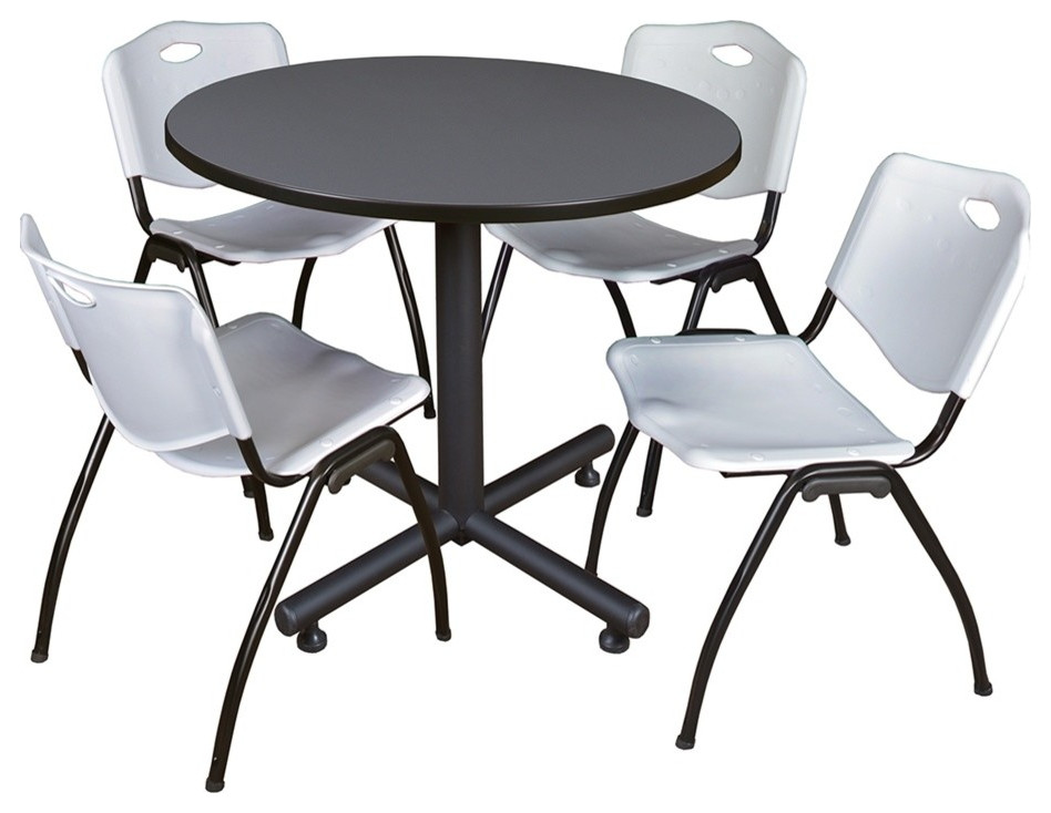 Kobe 42" Round Breakroom Table, Gray and 4 'M' Stack Chairs, Gray
