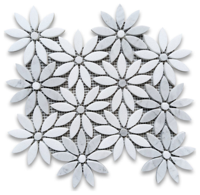 Carrara White Thassos White Marble Daisy Flower Waterjet Mosaic Tile 1 Sheet Contemporary