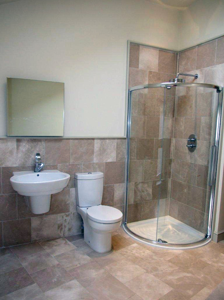 Photo of a mid-sized contemporary bathroom in Edinburgh with a corner shower, multi-coloured tile, ceramic tile, white walls and ceramic floors.