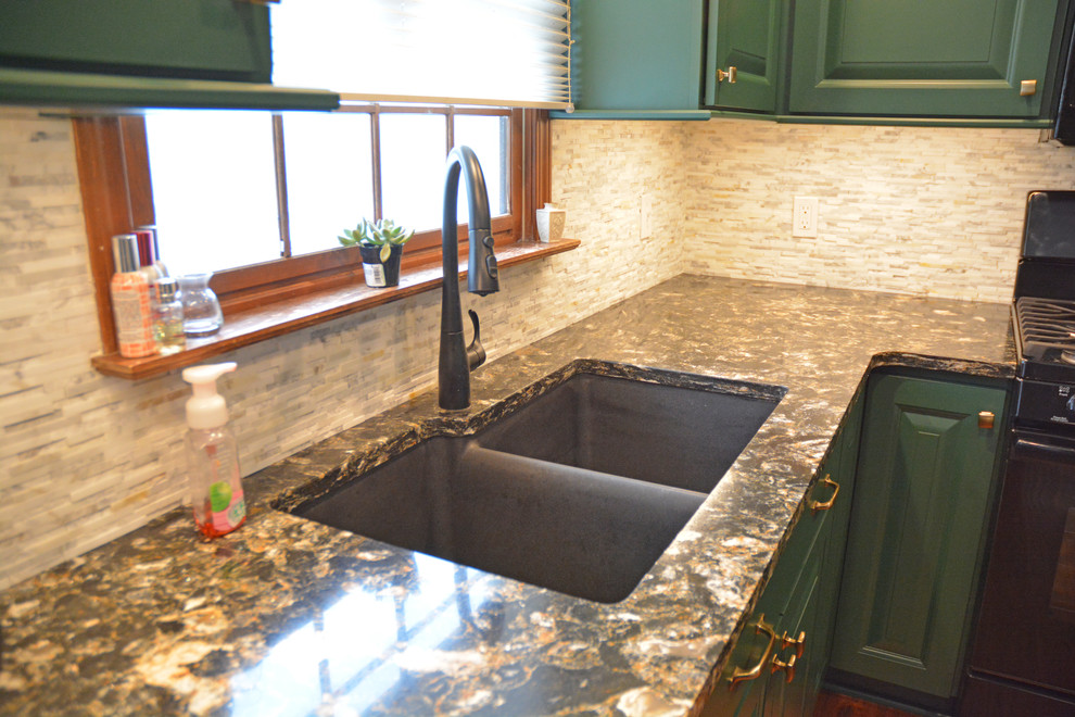 Example of a small transitional l-shaped medium tone wood floor and brown floor eat-in kitchen design with an undermount sink, raised-panel cabinets, green cabinets, quartz countertops, white backsplash, marble backsplash, black appliances, an island and multicolored countertops