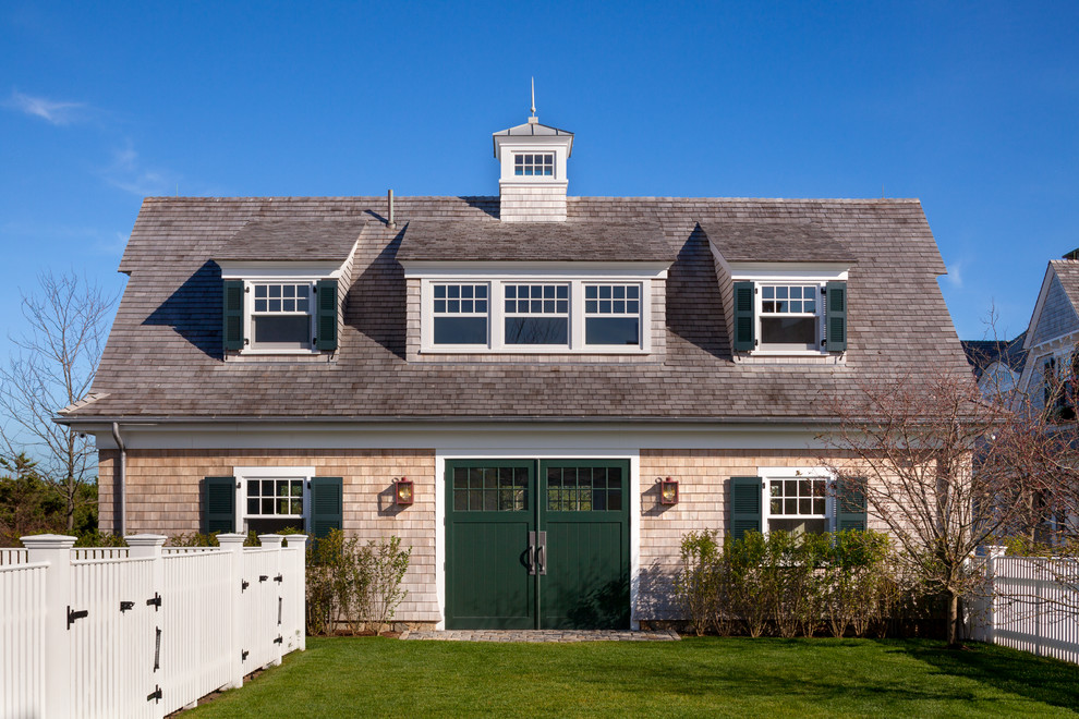 Photo of a large beach style detached garage in Boston.