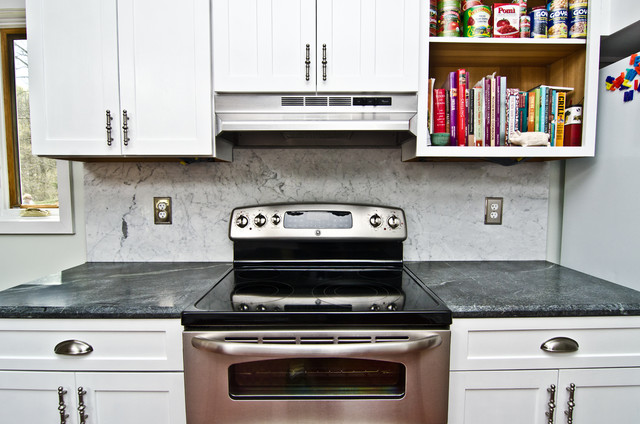 Soapstone Counters With White Carrara Marble Full Backsplash