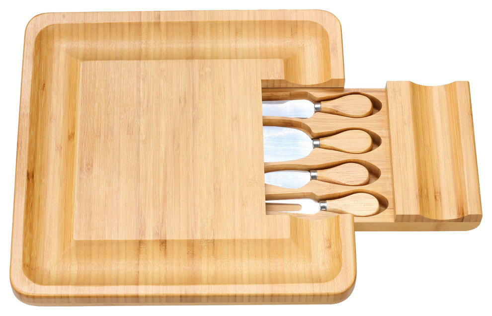 Handi Bamboo Cheese Serving Board Table Set With 4 Stainless Steel Knives