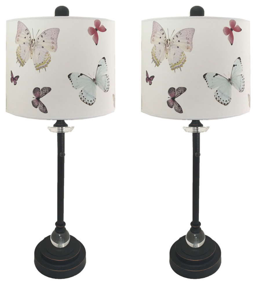 28" Crystal Buffet Lamp With Colorful Butterfly Design Shade