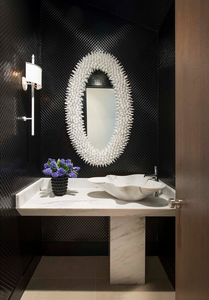 Design ideas for a contemporary powder room in Dallas with black tile, a vessel sink and white benchtops.