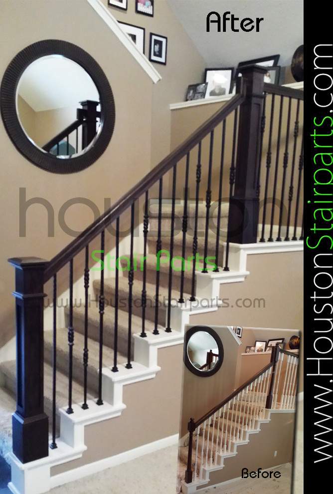 Photo of a large traditional carpeted straight staircase in Houston with carpet risers.