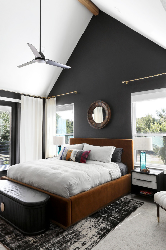 This is an example of a large modern master bedroom in Dallas with black walls, carpet, white floors and a vaulted ceiling.