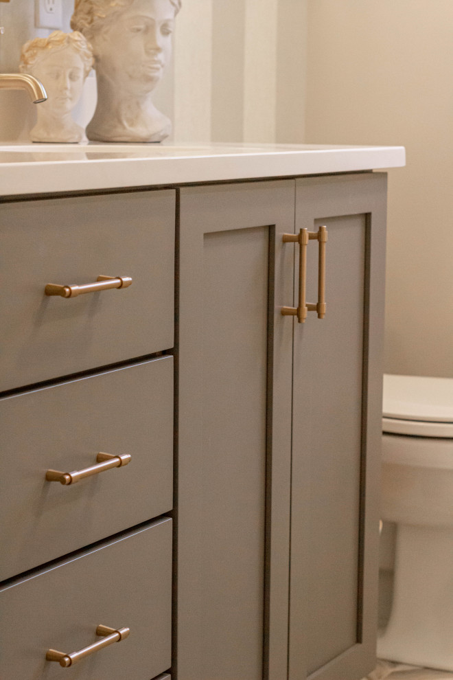 Inspiration for a large transitional kids' white tile and stone slab porcelain tile, beige floor, double-sink and wall paneling freestanding bathtub remodel with beaded inset cabinets, light wood cabinets, a two-piece toilet, gray walls, an undermount sink, quartz countertops, a hinged shower door, white countertops, a niche and a built-in vanity