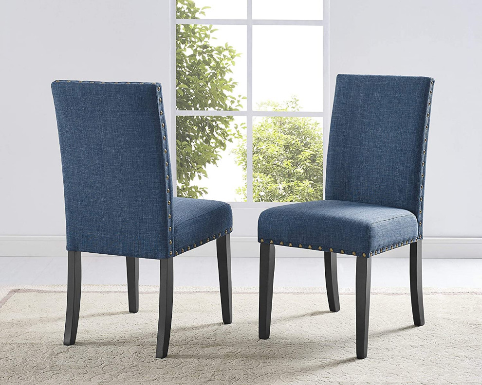 Blue Fabric Dining Chairs with Nail head Trim, Set of 2 Industrial