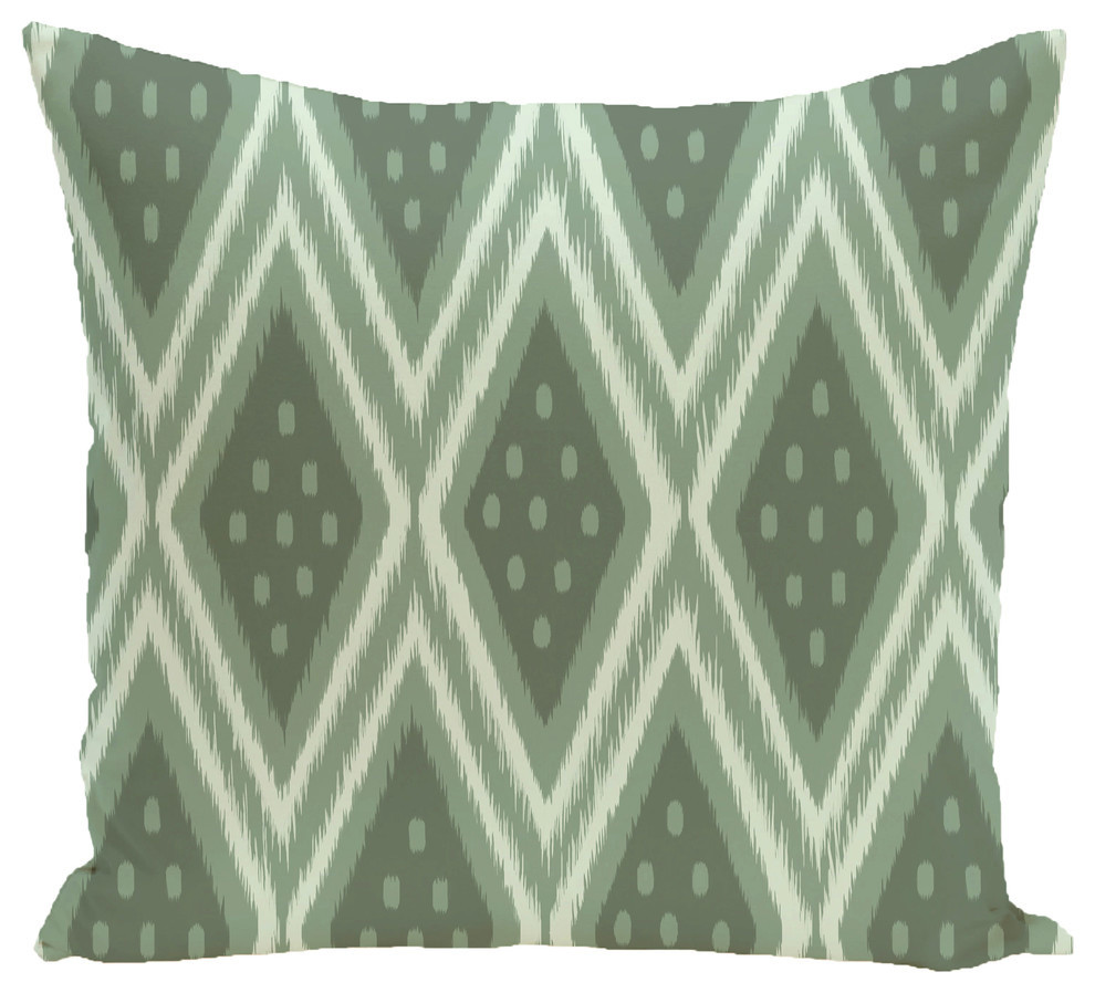 Ikat Diamond Dot Geometric Print Outdoor Pillow, Herb Green, 20"x20"