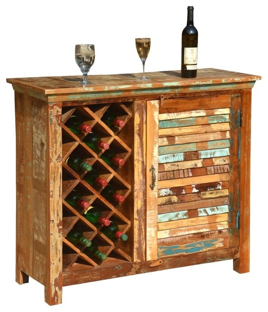 Garrard Rustic Reclaimed Wood Single Door Bar Cabinet With Wine