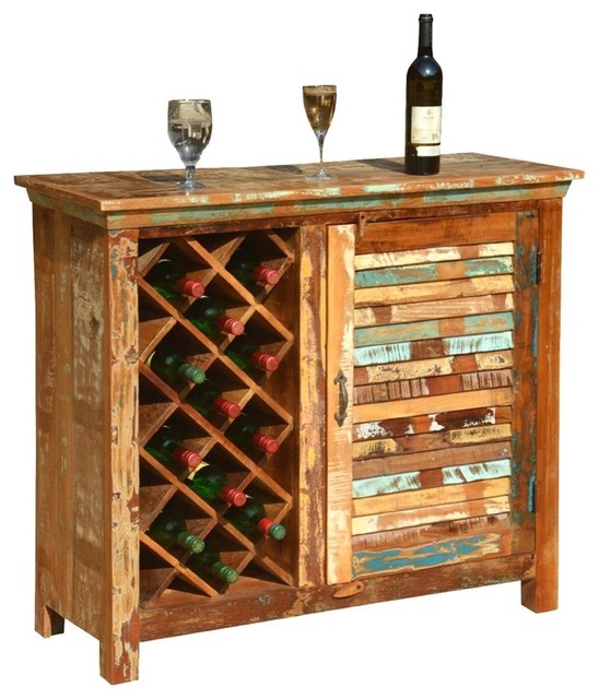 Garrard Rustic Reclaimed Wood Single Door Bar Cabinet with Wine Storage