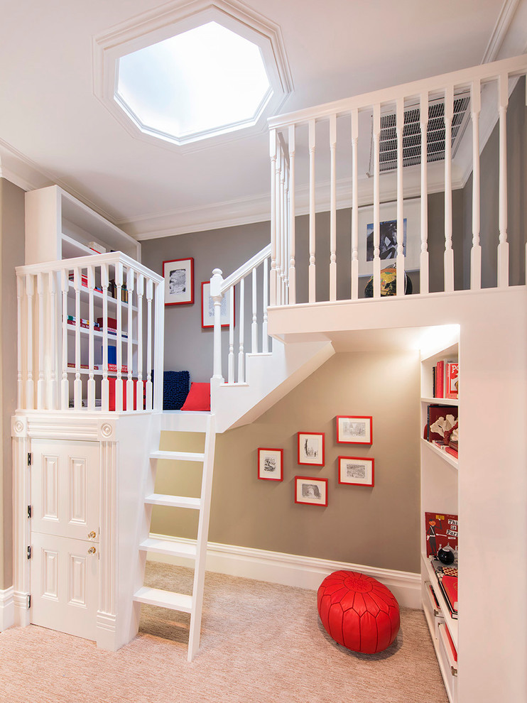 This is an example of a traditional kids' playroom in San Francisco with grey walls and carpet.