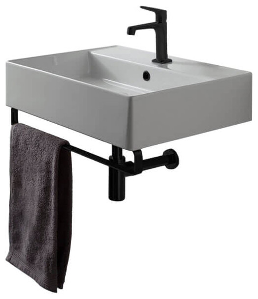 Square Wall Mounted Ceramic Sink With Matte Black Towel