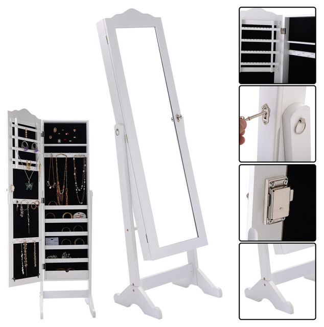 Lockable Mirrored Jewelry Cabinet Armoire Mirror Organizer Storage Box W/ Stand 