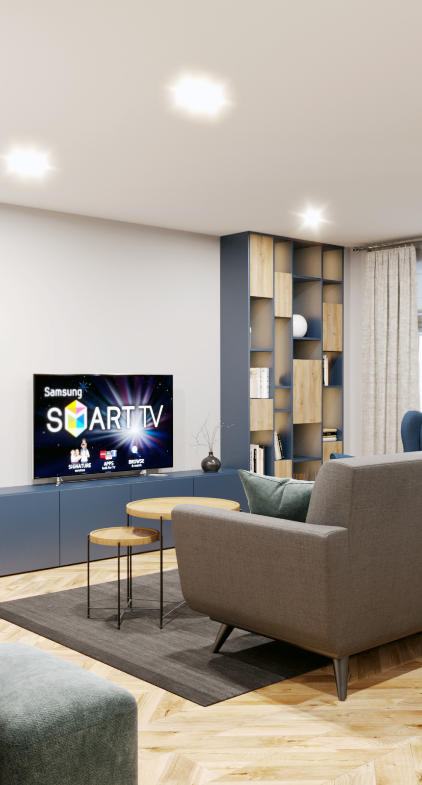 Гостиная, совмещённая с кухней, в природных тонах