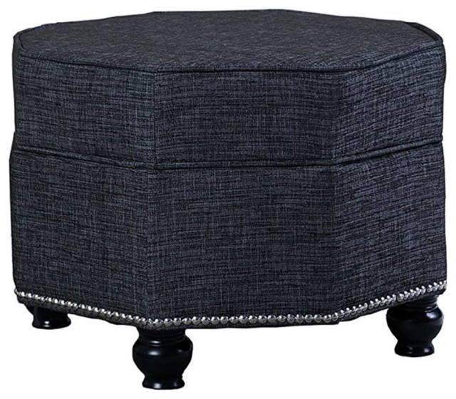 Hexagonal Storage Ottoman With Nailhead Trim, Dark Gray and Black