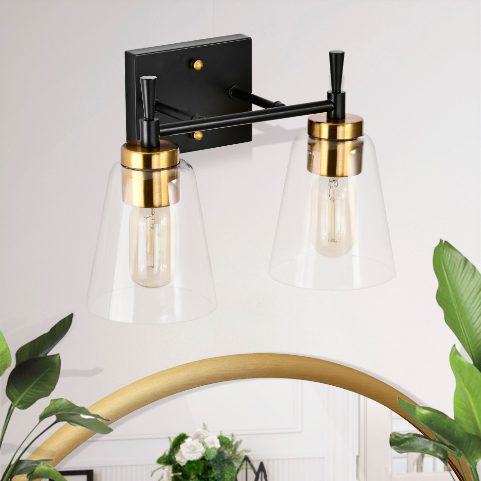 13 in. 2-Light Black and Antique Brass Vanity Light With Clear Glass ...