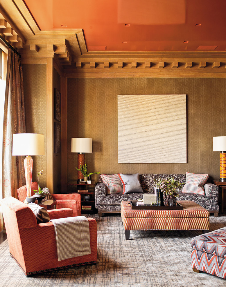 Design ideas for a contemporary living room in New York with brown walls.