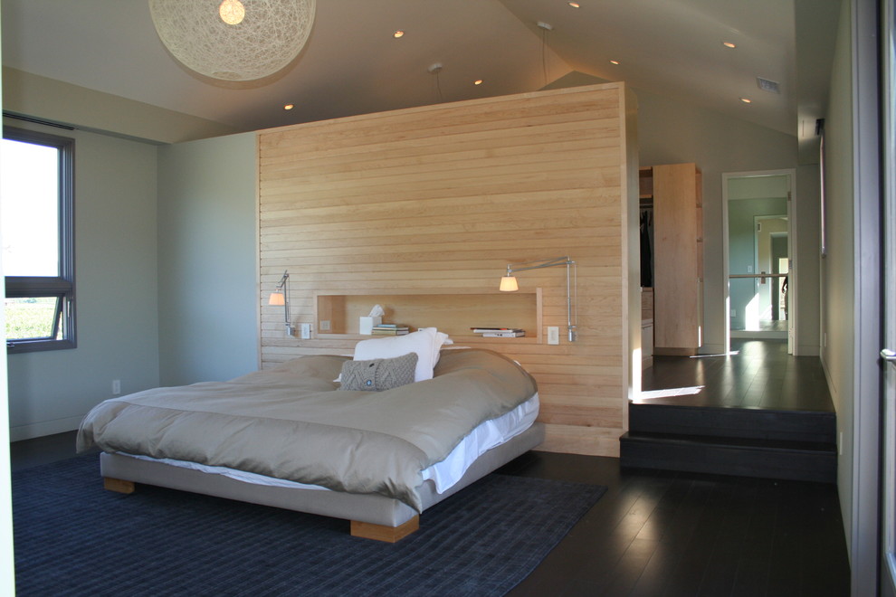 Photo of a mid-sized contemporary master bedroom in San Francisco with grey walls, dark hardwood floors and no fireplace.