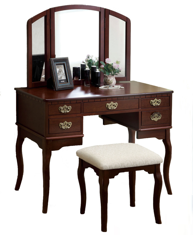 5-Drawer Make-Up Vanity, Tri-Folding Mirror, Padded Bench, 3-Piece Set, Cherry