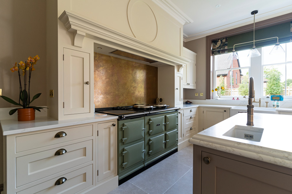 Design ideas for a large traditional l-shaped eat-in kitchen in Oxfordshire with an undermount sink, shaker cabinets, beige cabinets, quartzite benchtops, brown splashback, ceramic floors, with island, beige floor and white benchtop.