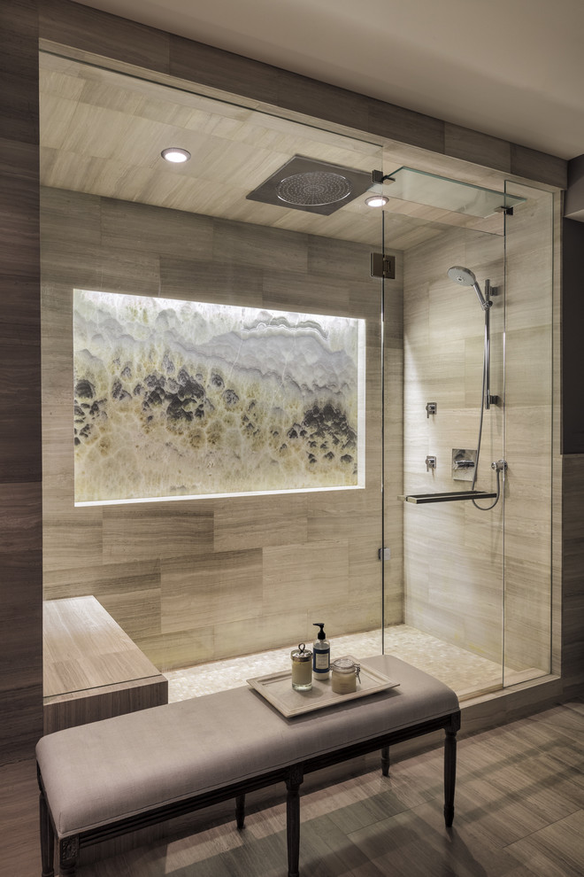 Inspiration for a mid-sized contemporary master bathroom in Seattle with flat-panel cabinets, dark wood cabinets, gray tile, stone tile, onyx benchtops, grey floor and grey benchtops.