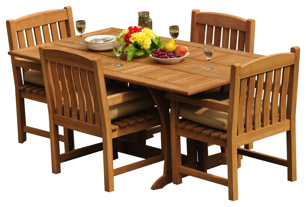 5Piece Outdoor Patio Teak Dining Set, 69" Warwick Table, 4 Devon Arm