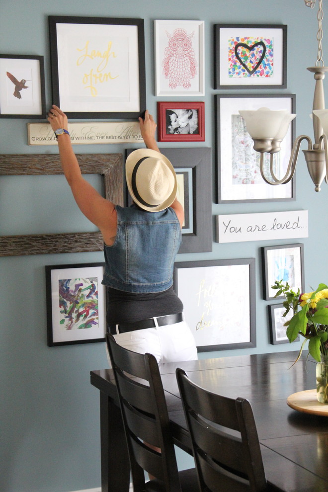 This is an example of a mid-sized eclectic kitchen/dining combo in Other with blue walls and linoleum floors.