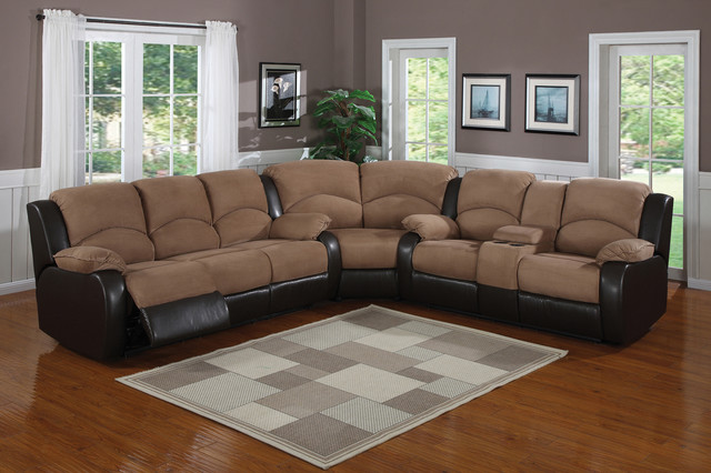 Saddle Brown Padded Microfiber Suede Reclining Sectional Sofa Console