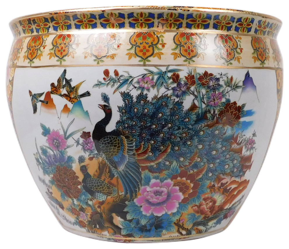 Chinese Porcelain Fish Bowl Planter, Satsuma Peacocks Asian Outdoor Pots And Planters by