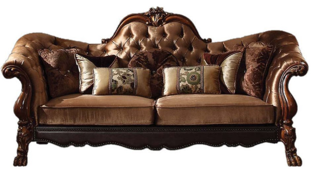 Dresden Sofa With7 Pillows, Golden Brown Velvet and Cherry Oak