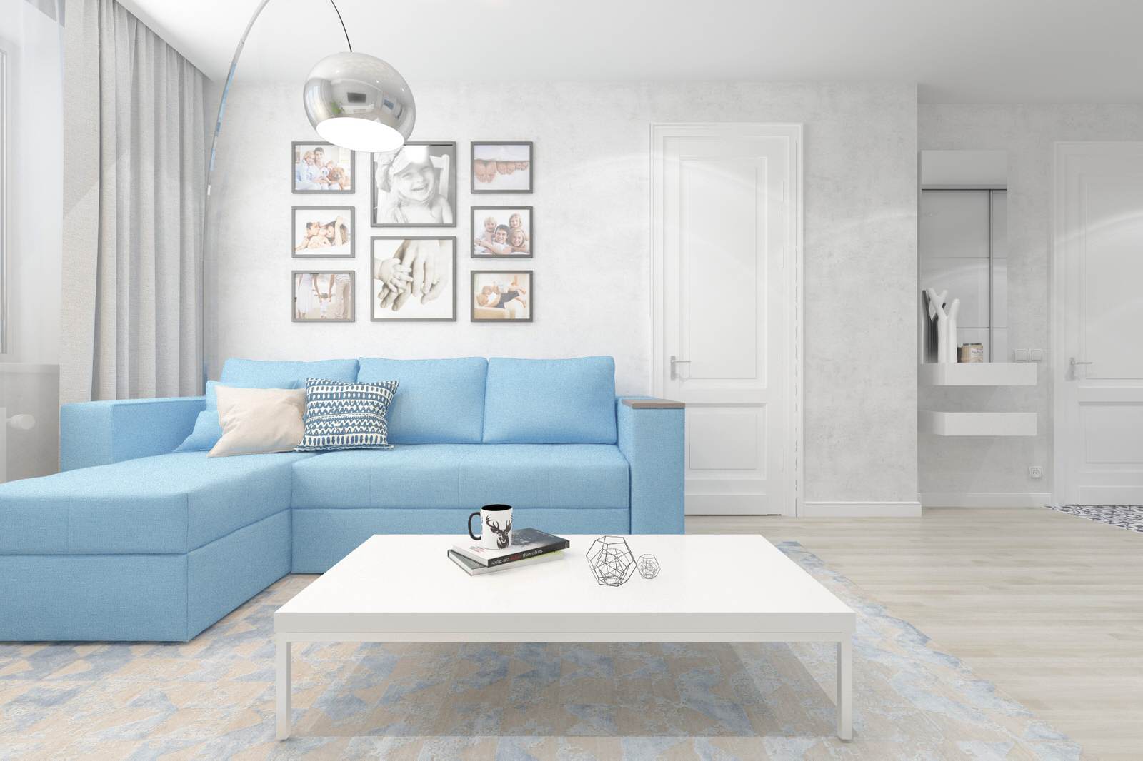 Гостиная комната с голубым диваном