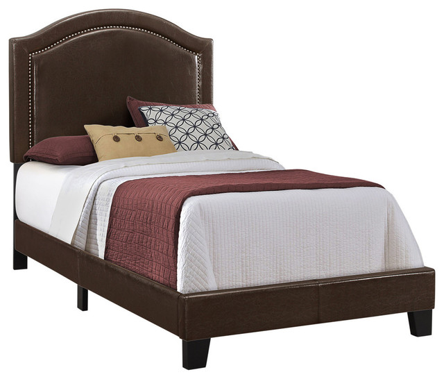 Bed, Twin Size, Brown LeatherLook With Brass Trim Transitional
