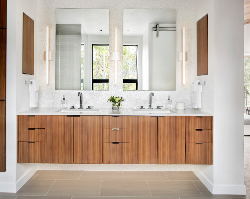 Inspiration for a mid-sized contemporary master dark wood floor and double-sink bathroom remodel in Denver with white walls, an undermount sink, a hinged shower door and a built-in vanity