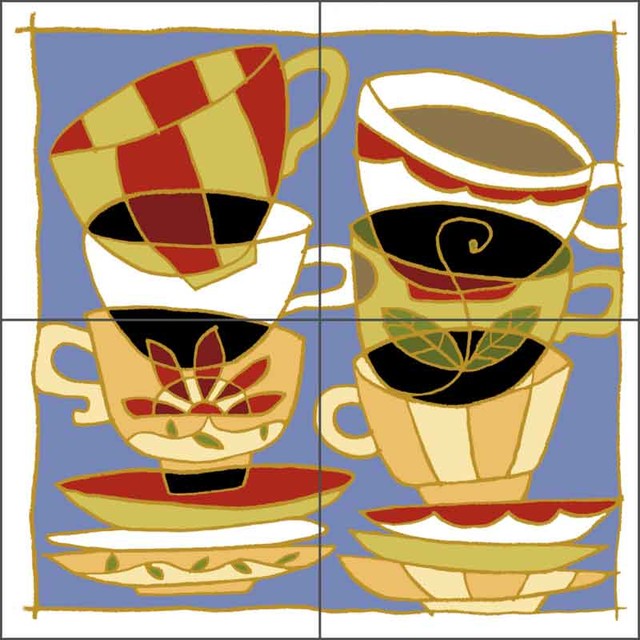 Ceramic Tile Mural Backsplash, Stacked Cups by Traci O'Very Covey, 8.5"x8.5"