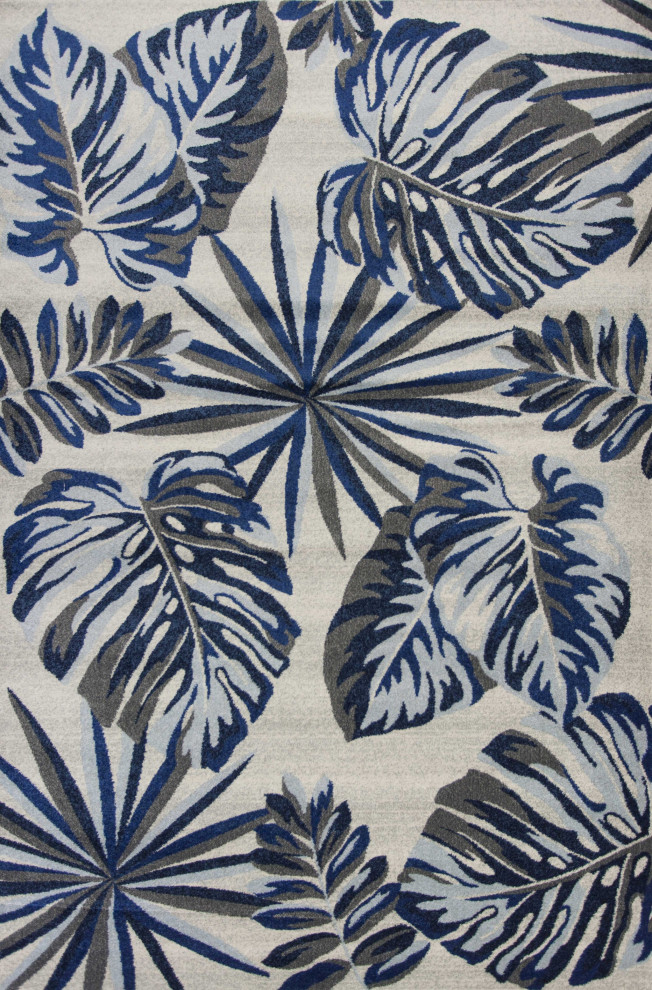 HomeRoots 10'x13' Grey Blue Machine Woven Tropical Leaves Indoor Area Rug