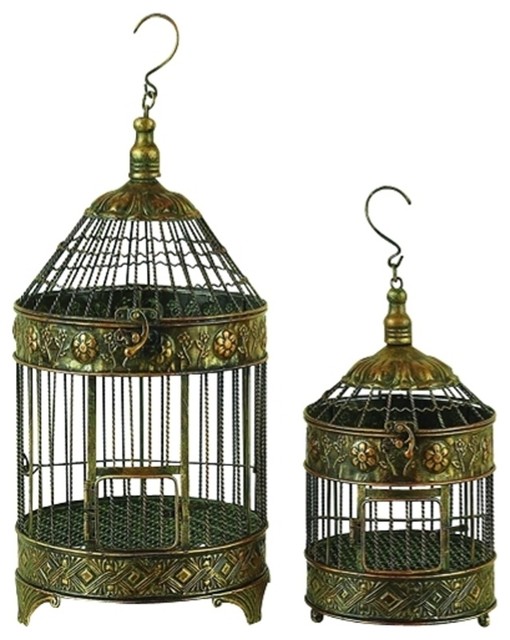 Antique Metal Bird Cages Gold on Round Base Diamonds Flowers Decor Traditional Decorative