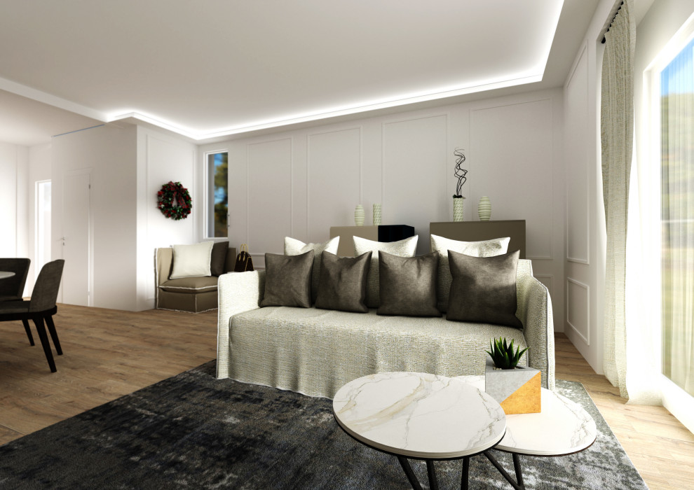 Immagine di un soggiorno contemporaneo di medie dimensioni e aperto con sala formale, pareti bianche, pavimento in gres porcellanato, TV a parete, pavimento beige, soffitto ribassato e boiserie