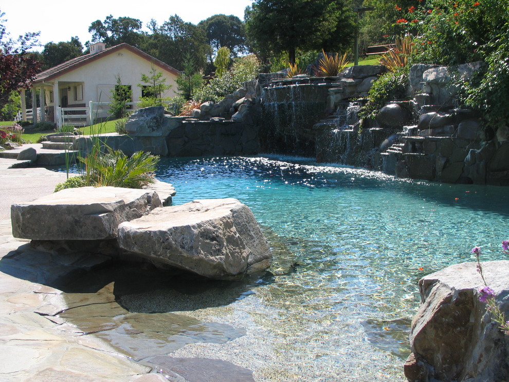 Example of a large mountain style backyard custom-shaped and stone natural pool fountain design in San Francisco
